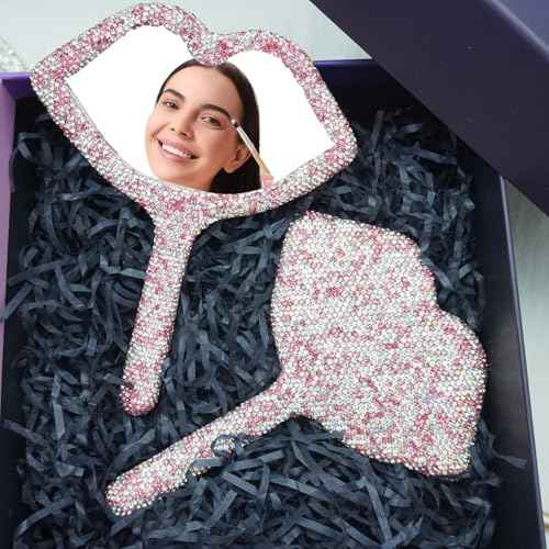 Rhinestone Mirror Handheld Lip Lash Mirrors Sparkle Travel Makeup Mirror with Handle Cosmetic Dazzling Portable for Women, Pink