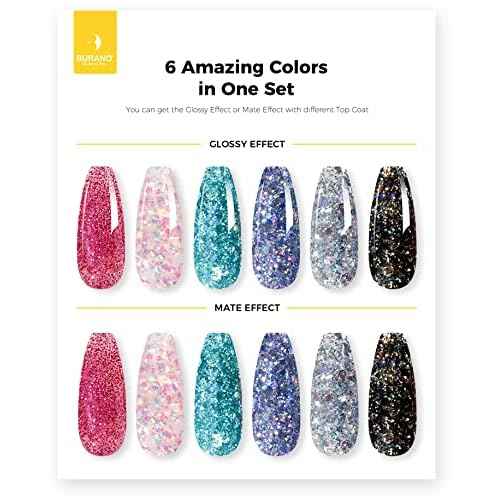 BURANO Poly Extension Gel Nail Kit, 6 Colors Nail Poly Nails Builder Gel Set for Beginner & Professional Using, DIY Starter Kit Nail Art Gift (glitter)
