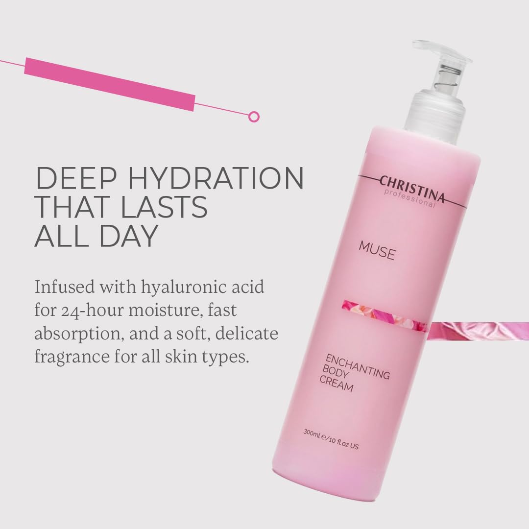 CHRISTINA Muse Enchanting Body Cream - Hyaluronic Acid Moisturizer for All Skin Types - Advanced Peptide Firming Toning Body Lotion with Rosa Gallica Extract - Scented Hydration Cream - 300ml