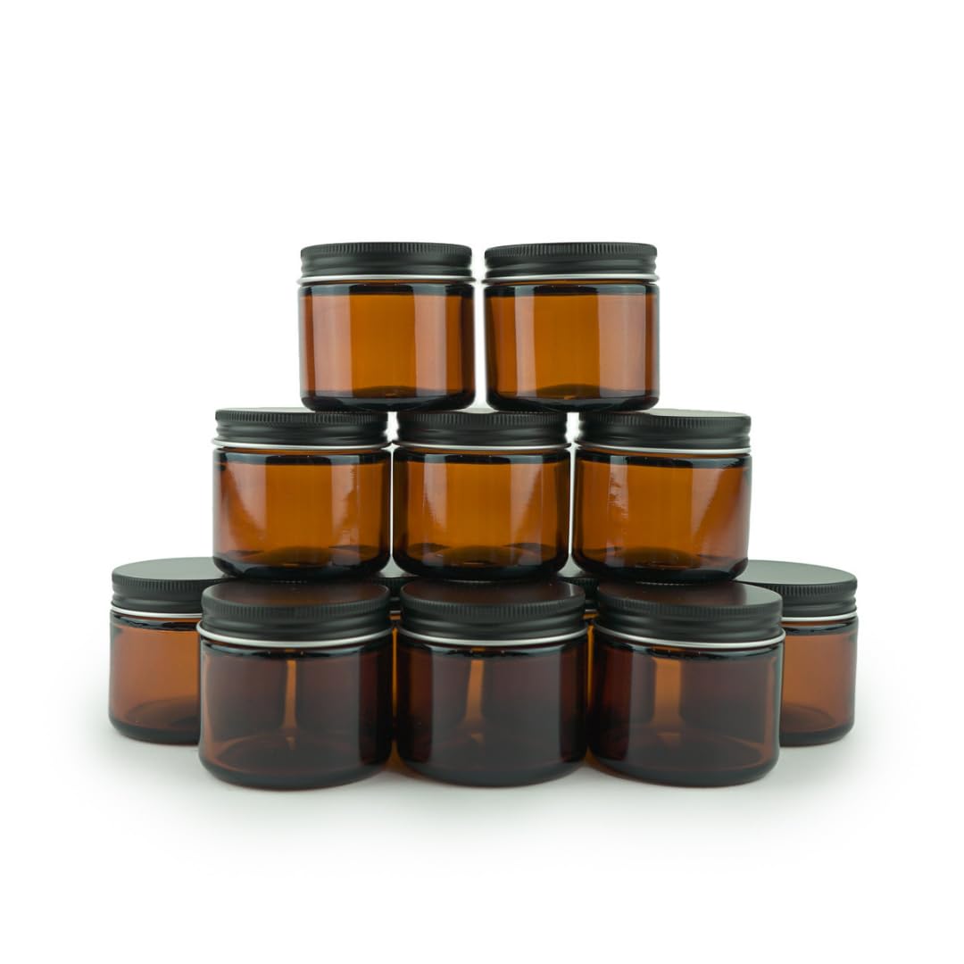 Nature Packaged Glass Amber 2oz Jar - 12 Packs, Lead-Free Empty Round Jars For Beauty Products, Lotion, and Powders - Black Lid - Small Candle Jars