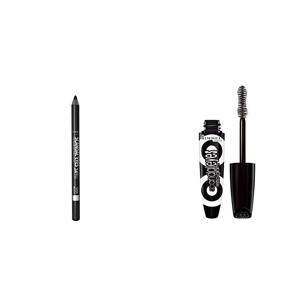 Rimmel Scandaleyes Waterproof Gel Eye Liner Pencil, Black Scandaleyes Retroglam Mascara, Extreme Black Longwear Mascara for a False Eyelash Look, 0.41 Fl Oz (Pack of 1)