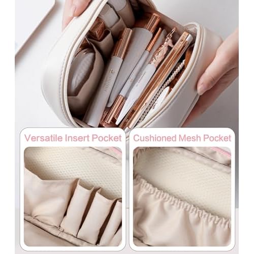 Travel Makeup Bag Cosmetic Bag for Women,Small Makeup Organizer Bag,Cute & Waterproof Vegan Leather Makeup Case with Multiple Compartments,Toiletry Bag for Cosmetics (BROWN)