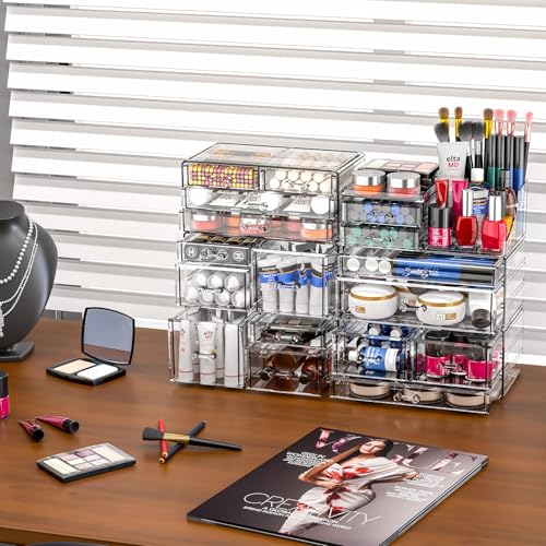 SuoXing Clear Acrylic Makeup Organizer for Vanity,Bathroom,Dresser,6 Drawer Cute Make up Organizers for Counter,Plastic Countertop Makeup Storage for Beauty,Jewelry,Brush,Cosmetic,Skin Care Organizer