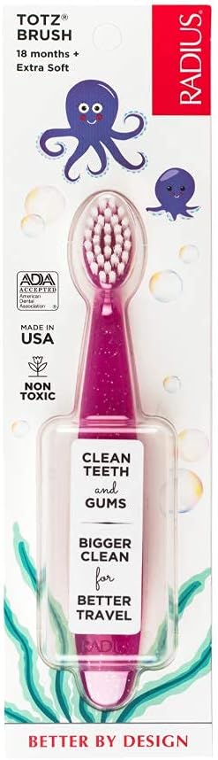 RADIUS Totz Toothbrush - Extra Soft BPA-Free Brush for Delicate Teeth & Gums | Pink Sparkle, Age 18 Months+