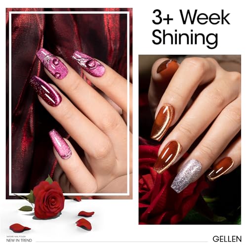 GELLEN Cat Eye Gel Nail Polish Magnetic Glitter 6 Colors Pink Purple Burgundy Red Brown Reflective No Wipe Soak Off UV Light Gel Polish for DIY Manicure Art Women Girls Valentine's Day Christmas Gift