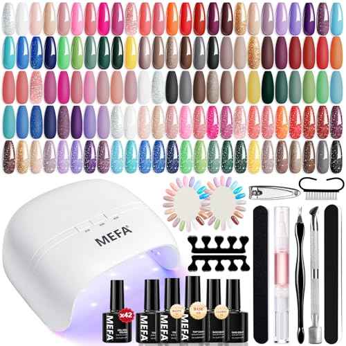 MEFA 42 Colors Gel Nail Polish Kit with U V Light, 59 Pcs All Seasons Collection Colorful Gel Polish Essential Set with 5 Psc Matte/Glossy Base Top Coat, Salon Gifts for Women