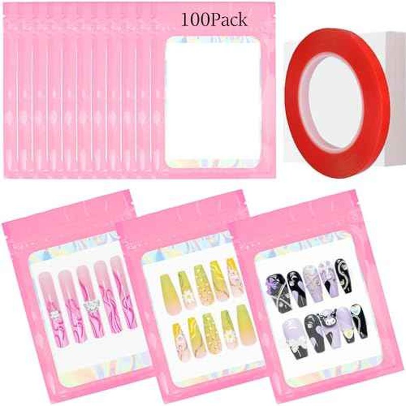 Qenk 100PCS Empty Holographic Nail Storage Bag Press on Nail Packaging Bag and 100PCS Shiny white cardboard Nail Tips Packaging Bags with 1 Roll Transparent Tape (Pink)