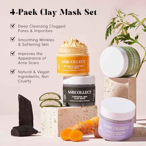 Face Mask Set, 4Pcs Clay Mask, Face Masks Skin Care with Vitamin C, Charcoal, Mugwort and Purple Clay, Skincare Gift Set for Blackheads, Refining Pores & Controling Oil, Dry Oily Skin