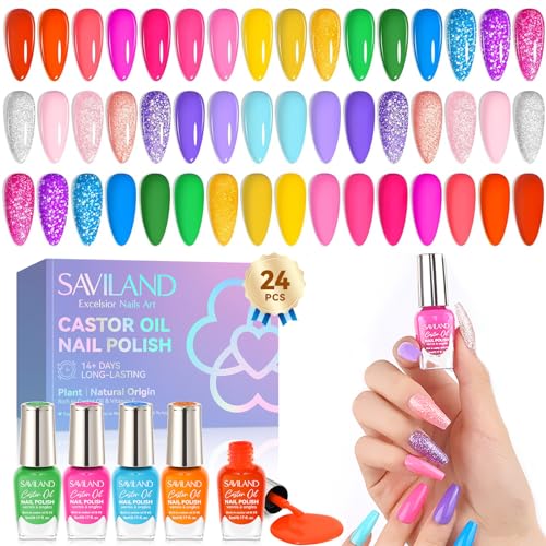 SAVILAND Nail Polish Set Quick-Dry: 24 Summer Color Regular Nail Polish Kit Pink Red Yellow Neon Glitter Nails Polish Non Gel Castor Oil Vitamin E Nail Lacquer Home Set Women