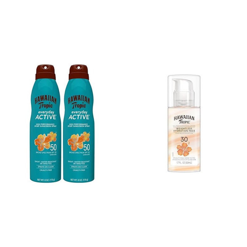 Hawaiian Tropic Everyday Active Spray Sunscreen SPF 50 Twin Pack and Weightless Hydration Face Sunscreen SPF 30 Travel Size
