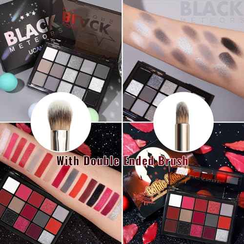 UCANBE 2pcs Halloween Eyeshadow Palette Makeup Set, Black Red Colors Shimmer Matte Metallic Smokey Dark Eye Shadow Pallet with Soft Brush Kit, Goth Eye Make Up for Costume Joker Clown Vampire