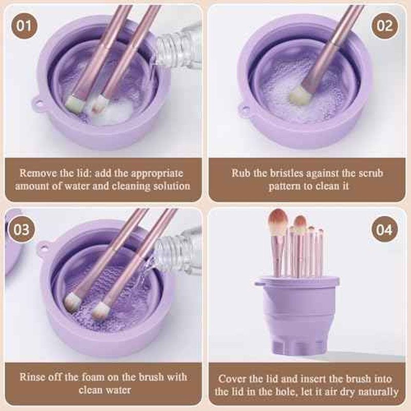 WantGor Makeup Brush Cleaner Mat with Brush Storage Holder, 3 in 1 Foldable Silicone Bowl Cosmetic Brushes Cleaning Pads Tool for Makeup Brush, Makeup Sponge, Powder Puff (Purple)