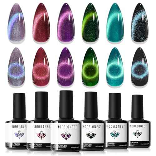 modelones Cat Eye Gel Nail Polish, 6 Colors Glitter Red Green Purple Blue Gel Polish Set with Magnet Sparkle Galaxy Series Nail Gel Polish Kit Soak Off Led Nail Art Manicure Salon DIY Gifts