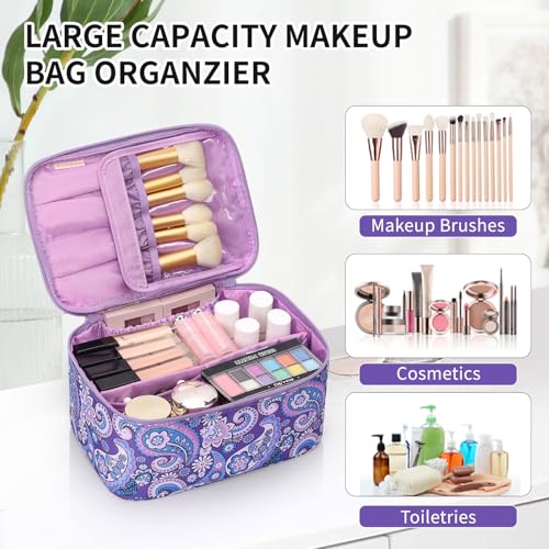 OCHEAL Makeup Bag - Portable Large Capacity Travel Cosmetic Case for Women with Handle and Divider Toiletry Organizer for Girls on the Go -Purple