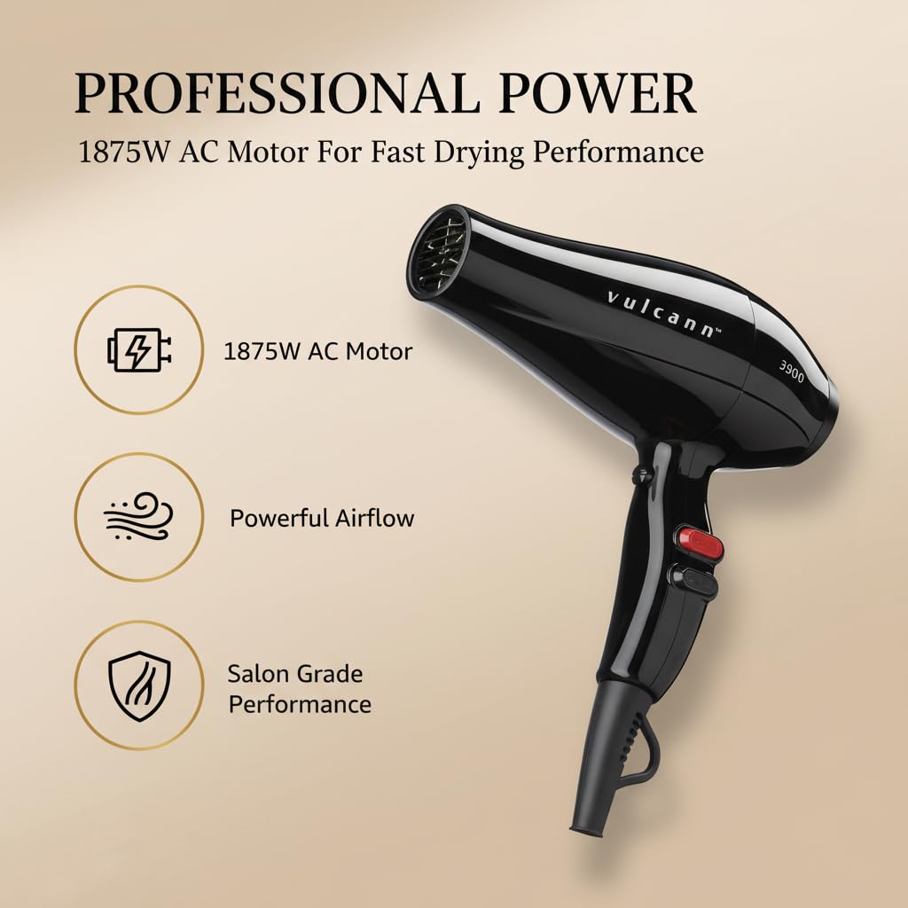 IZUTECH Vulcann 3900 Professional Salon Hair Dryer, 1875W AC Motor Blow Dryer with Tourmaline Ionic Technology, 3 Heat & 2 Speed Settings, Cool Shot Button, 11.5 ft Professional Cord, Black