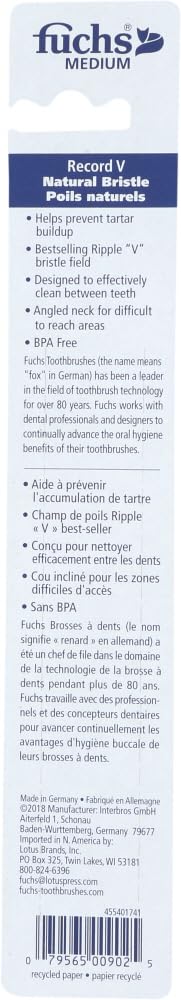 Fuchs: Pure Natural Bristle Record V Adult Medium Toothbrush, 1 ct (5 Pack)
