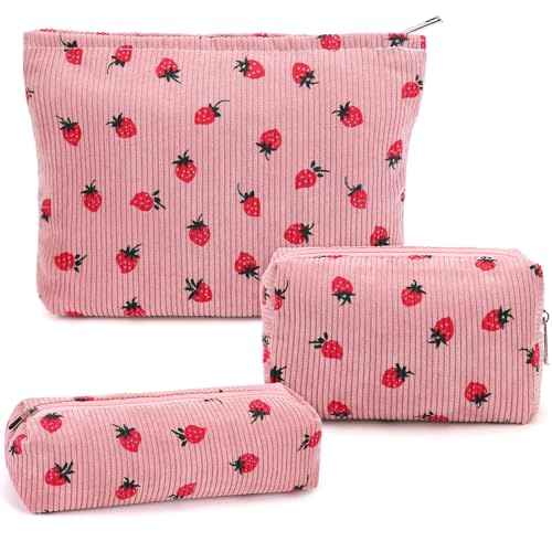 3 Pcs Makeup Bag Cosmetic Bag Set for Girls Women Travel Organizer Bathroom Toiletry Pouch Large Capacity Storage Bag (Strawberry Pink)