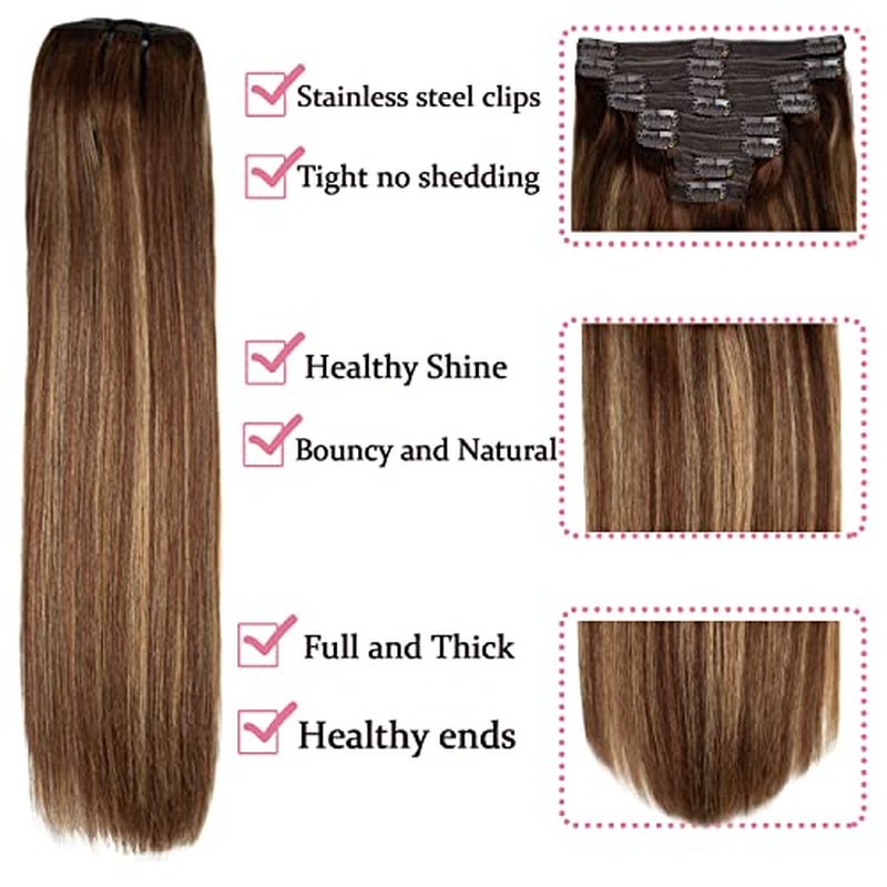 Clip in Hair Extensions Human Hair 120g Real Human Hair Extensions Clip in Balayage Chocolate Brown to Caramel Blonde 8PCS Clip in Straight Remy Hair Extensions (14 inch, 4/27/4)