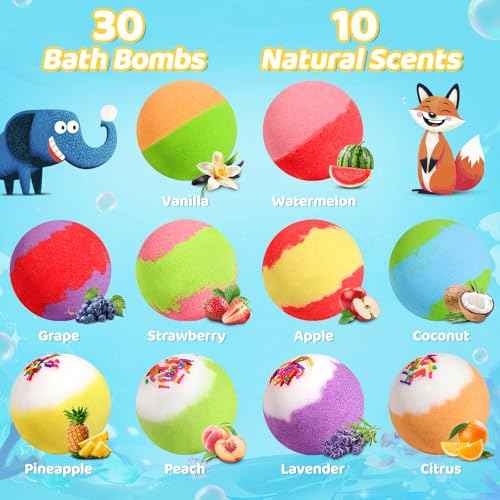 30 Bath Bombs for Kids with Toys Inside, Kids Bath Bombs Gift Set with 30 Sea & Land & Sky Animal Surprise Toy, Bubble Bath Toys, Christmas Gifts for Girls Boys, Stocking Stuffers