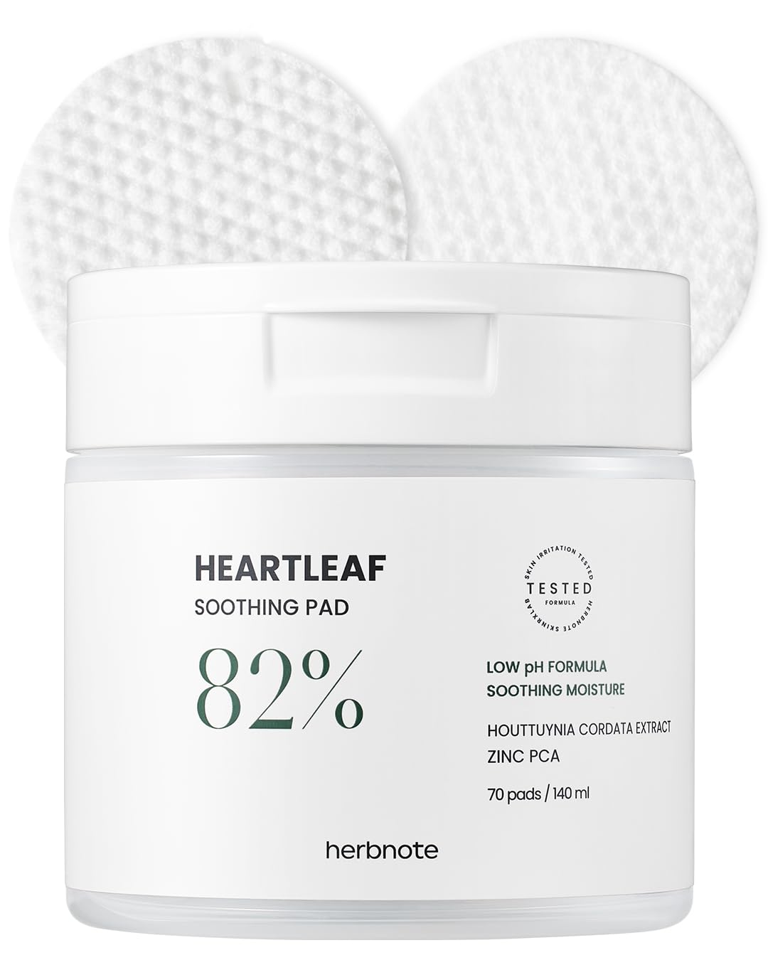herbnote Heartleaf Soothing Moisture Pad - Enriched with 80% Low-Temperature Extracted Heartleaf & Niacinamide for Acne Control - Zinc PCA, Quercitrin for Sensitivity Relief, 70 pads