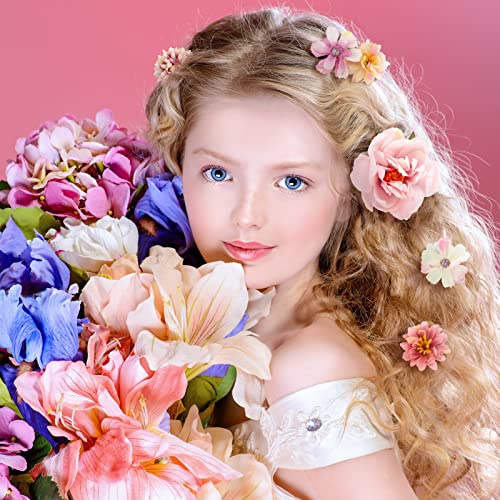 BBTO 21 Pcs Flower Hair Clip Rose Hair Clips Barrettes for Women Flower Accessories Boho Bride Claw Clip Hairpin Brooch Pin Headpiece for Wedding(Pink, White)