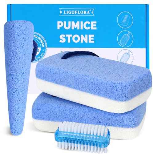 Glass Pumice Stone for Feet Callus Remover?4-in-1 Foot Scrubber Kit with 2 Bigger Dual-Sided Foot Pumice Stones, Cone Foot Exfoliator, Nail Brush for Cleaning Fingernails ?Blue &White
