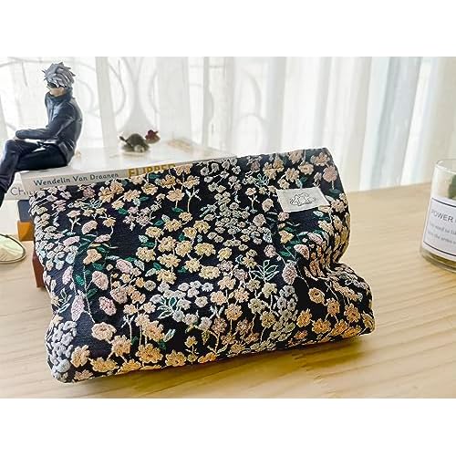 HAPPYHEIDI Women Aesthetic Travel Makeup Bag Accessory Zipper Pouch for Cosmetics, Purse Organizer, Embroidery Lucky Flowers Black