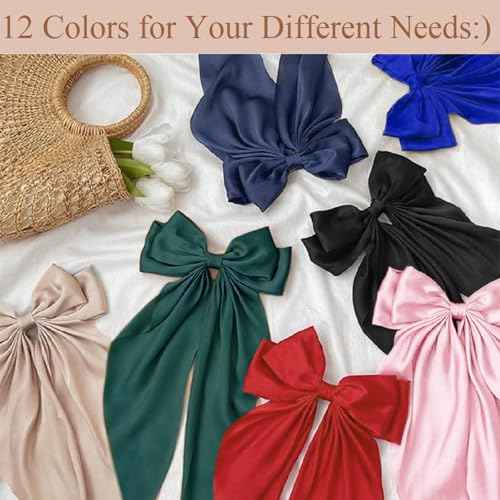 12PCS Hair Bows for Women Big Silky Satin Bow Clips with Long Tails Oversized, Cute Halloween Christmas Hair Accessories for Women, Aesthetic Large Ribbons Bow