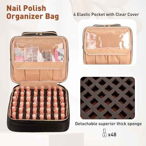 Nail Polish Organizer Bag Nail Case Holds 60 Bottles & Nail Lamp Gel Nail Polish Organizer Nail Kit Organizers Travel Nail Tech Carrying Case for Manicure Supplies (Black)