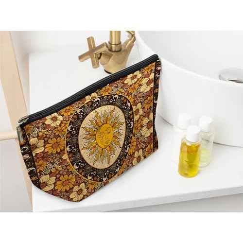 Ayxvt Sun and Moon Makeup Bag, Hippie Flower Pouch Floral Cosmetic Bag, Boho Gifts for Women Teen Girls
