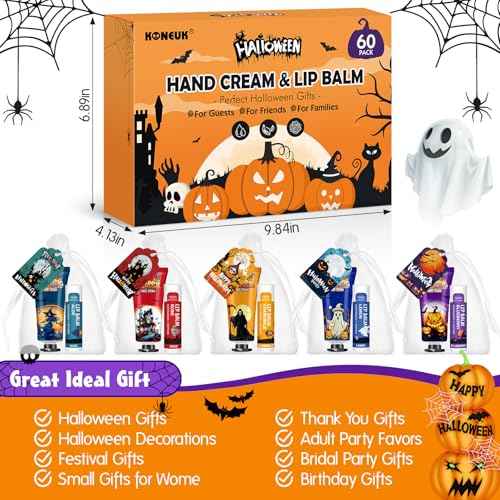 60 Pack Halloween Hand Cream and Lip Balm Set for Women, Bulk Hand Lotion for Halloween Gifts, Halloween Party Favors, Party Supplies, Decorations, Goodie Bags with Halloween Card and Organza Bags