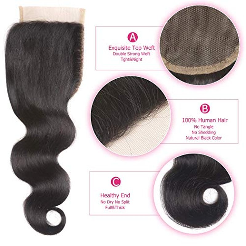 Odir Body Wave Human Hair Bundles with Closure 14 16 18+12 Inch Unprocessed 10A Brazilian Body Wave Virgin 3 Bundles with 4x4 Lace Clsoure Natural Color