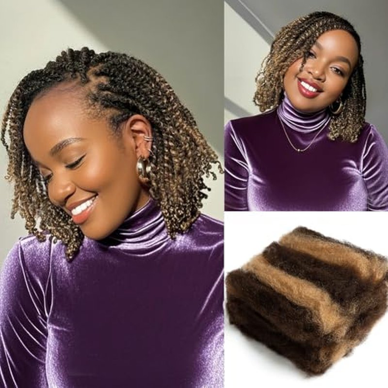 QVR Afro Kinkys Bulk Human Hair for Dreadlock Extensions Repair Locs, Hilight Color 16inch 50 Gram One Pack Mini Spring Twist Afro Kinky Human Hair for LocKs