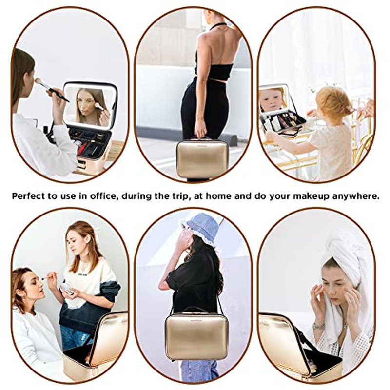 Travel Makeup Case with Removable Large Mirror and Lights 3 Color Adjustable Brightness Dividers with Shoulder Strap Rechargeable,Waterproof,for Travel or Business, Large