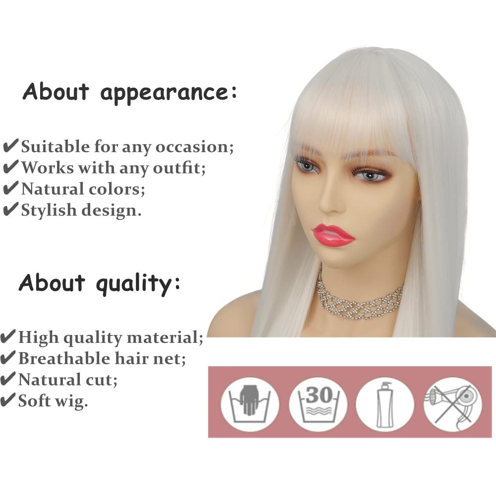 Tseses White Straight Long Wigs for Women with Flat Bangs Synthetic Hair Natural Looking Halloween Cosplay Daily Wig with Wig Cap