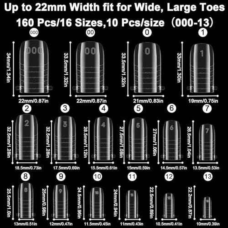 160 Pcs Toe Dual Nail Forms for Poly Gel & Builder Gel Toenail Extension - 16 Sizes Reusable Full Cover Square Toenails Molds - Professional Pedicure Nail Tips for Salon & DIY at Home