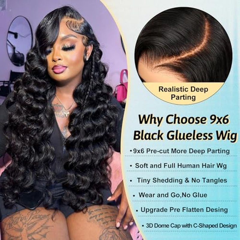 Glueless Wigs Human Hair Pre Plucked Pre Cut Loose Deep Wave Wig 9x6 Closure Wigs Wear and Go Glueless Wig Human Hair 200% Density Loose Body Wave Black Wig for Women 22Inch