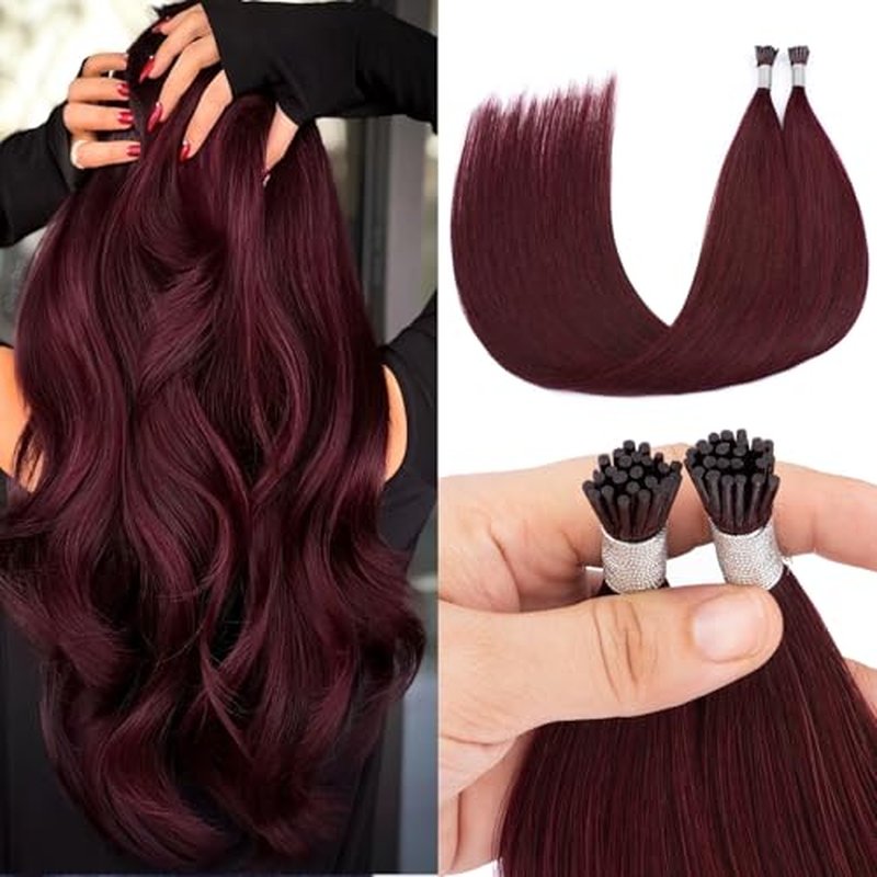 Senmy Burgundy Red I Tip Hair Extensions 20inch Cold Fushion I Tip Hair Extensions Human Hair, 50g Invisible Microbead Extensions Human Hair