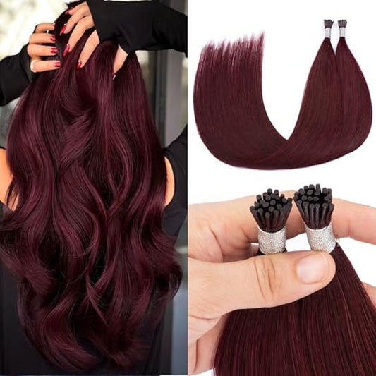 Senmy Burgundy Red I Tip Hair Extensions 20inch Cold Fushion I Tip Hair Extensions Human Hair, 50g Invisible Microbead Extensions Human Hair