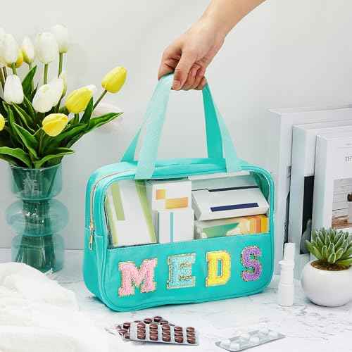 Geetery Chenille Letter Bag, Preppy PVC Nylon Makeup Portable Cases Preppy Patch with Zipper Cosmetic Clear Travel Toiletry Storage Bag for Women(Green,Novel Meds)