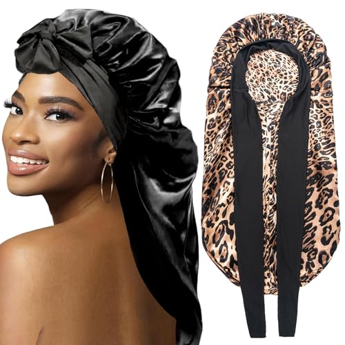 2Pcs Bonnets for Black Women Braid Bonnet, Large Long Satin Bonnet for Braids, Silk Bonnet with Stretchy Tie Band Sleep Cap Hair (2Pcs-Black&Leopard)