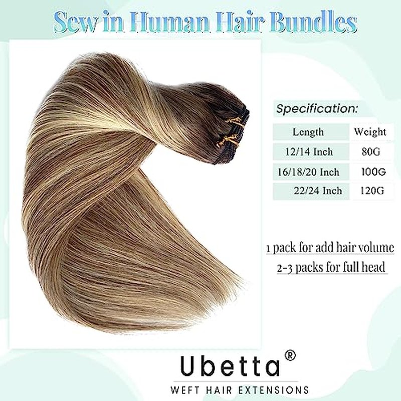 Sew in Hair Extensions Real Human Hair, 16 Inch 100G Weft Bundles Ombre Brown and Blonde Balayage Highlights Weave for Women