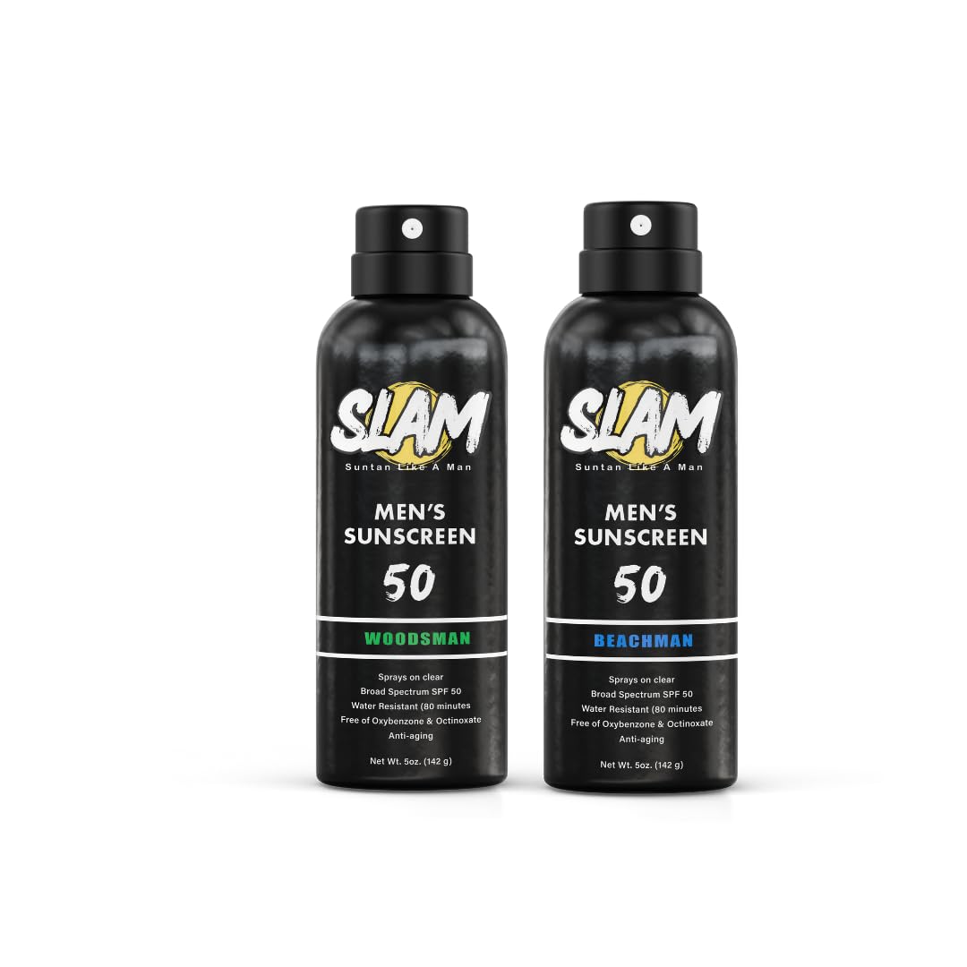 SLAM WoodsMan & BeachMan Bundle - Men's Scented Sunscreen, Sunscreen Spray, Water Resistant, Paraben Free, Broad Spectrum UVA/UVB (Large, 50, Sun Protection Factor (SPF))