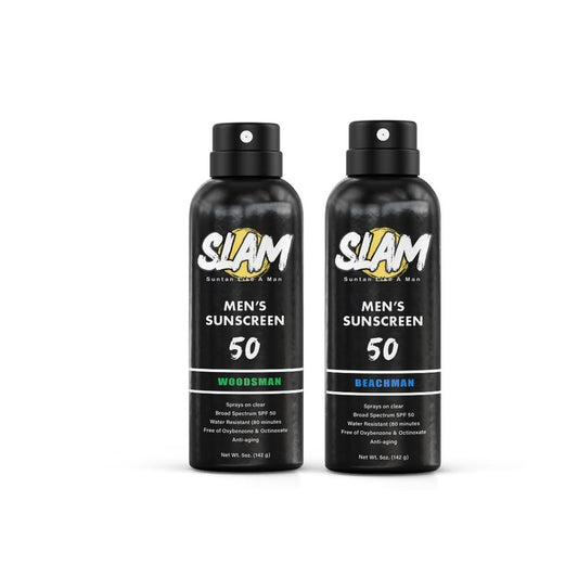 SLAM WoodsMan & BeachMan Bundle - Men's Scented Sunscreen, Sunscreen Spray, Water Resistant, Paraben Free, Broad Spectrum UVA/UVB (Large, 50, Sun Protection Factor (SPF))