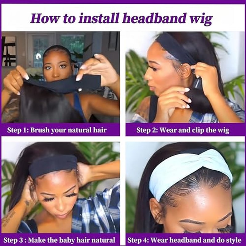 Headband Wigs for Black Women Human Hair Body Wave Head Band Wig 100% Brazilian Raw Human Hair Wear and Go Glueless Half Wigs 150% Density Machine Made Natural Color