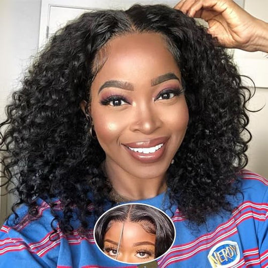Wear and Go Bob Wig Human Hair Deep Wave Glueless Wigs Human Hair Pre Plucked Pre Cut 5x5 HD Lace Closure Curly Wigs for Black Women Lace Front Glueless Wigs Human Hair 14inch