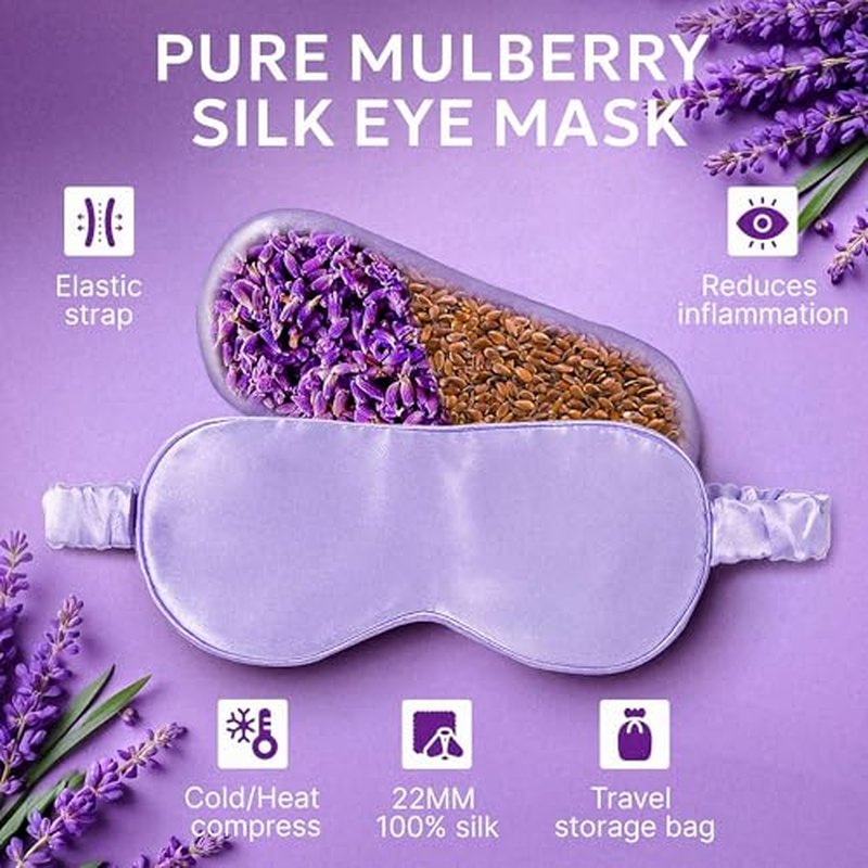 Relaxation Set: Weighted 22MM 100% Natural Silk Eye mask with Lavender & Flax Seeds, Shoulder & Neck Relaxor, Lavender Essential Oil roll-on Dried Aromatherapy sachets Gift Box Meditation