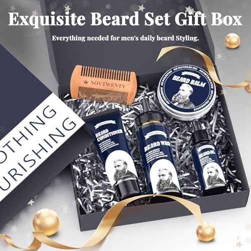 Beard Growth Kit - Mobiuty Men's Beard Care Kit with Natural Ingredients, Includes Beard Wash, Beard Oil, Beard Conditioner, Beard Balm and Beard Comb, Gift Set for Boyfriend Husband Fathers