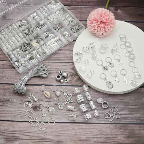 Fscwlmon 309Pcs Hair Jewelry for Women Braids,Hair Loc Cuff Coils Rings for Dreadlock Accessories,Locs Hair Tube Beads Decorations,Braid Clips Hair Charms Braids Accessories Silvery