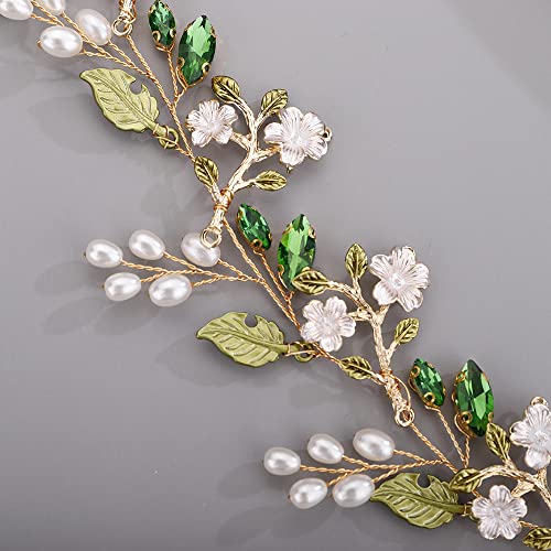 Bridal Cute Flowers Headband for Bride Bridesmaid Green leaf Crystal Hair Piece Beads Hair Vine
